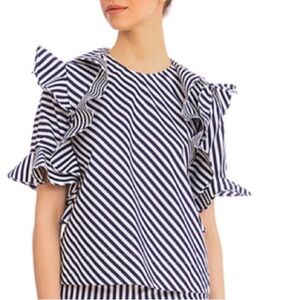 MSGM Navy & White Striped Ruffled Cotton Blouse Size 40/S
